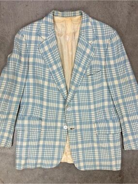 Vintage 50’s 100% Cashmere Pale Blue and Ivory Plaid Blazer